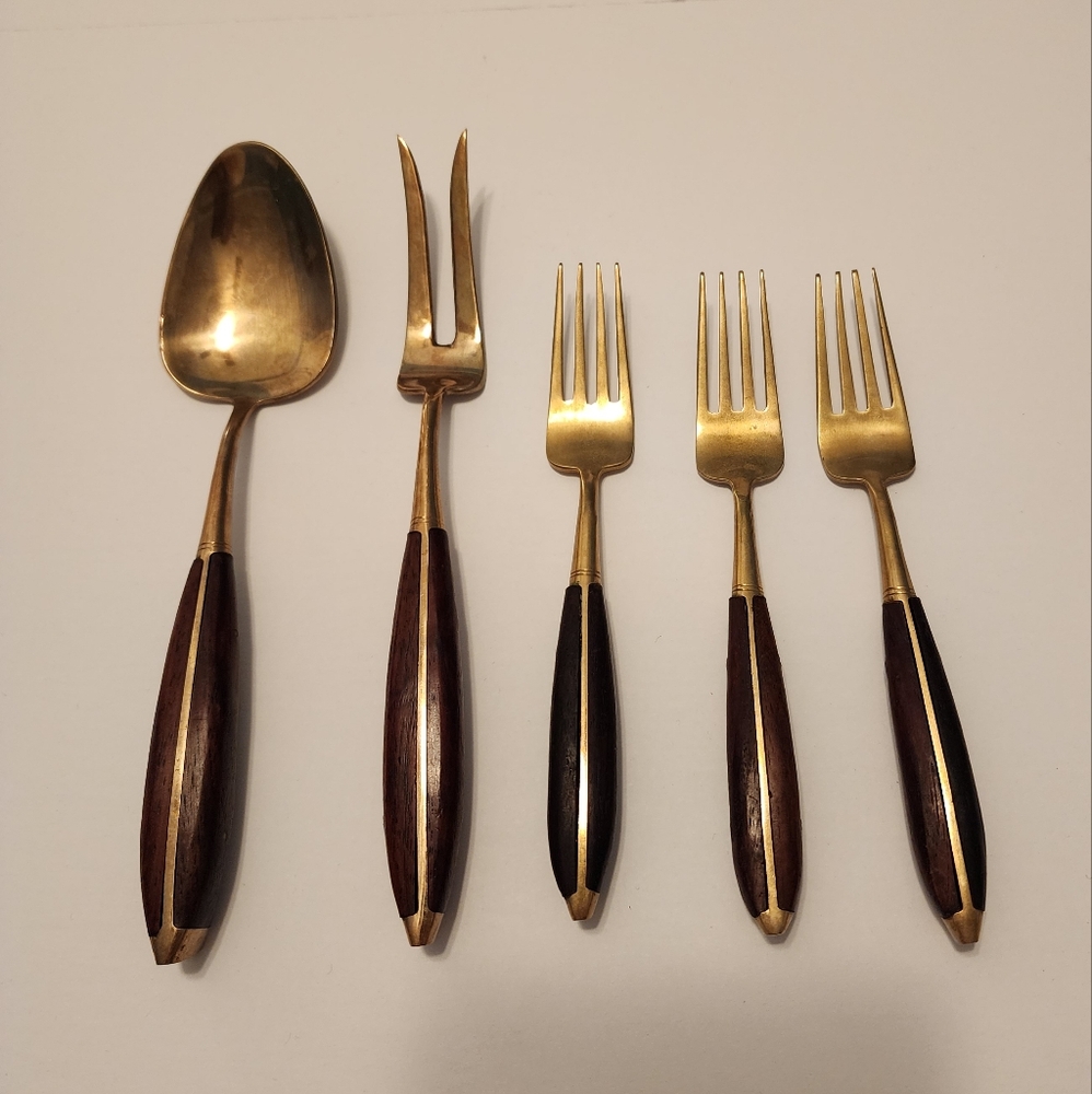 Vintage Mid Century Brass and Wood Cutlery / Utensils 5 Pieces